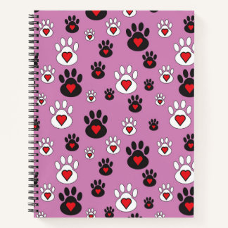 Paw prints with red hearts on pink  notebook