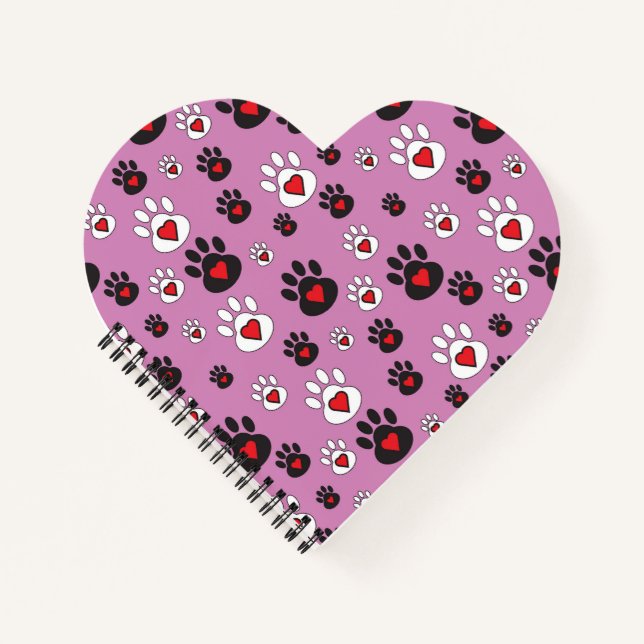 Paw prints with red hearts on pink  notebook (Front)