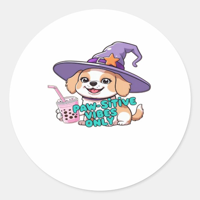 Paw-sitive Vibes Only � Cute Dog With Bubble Tea a Classic Round Sticker (Front)