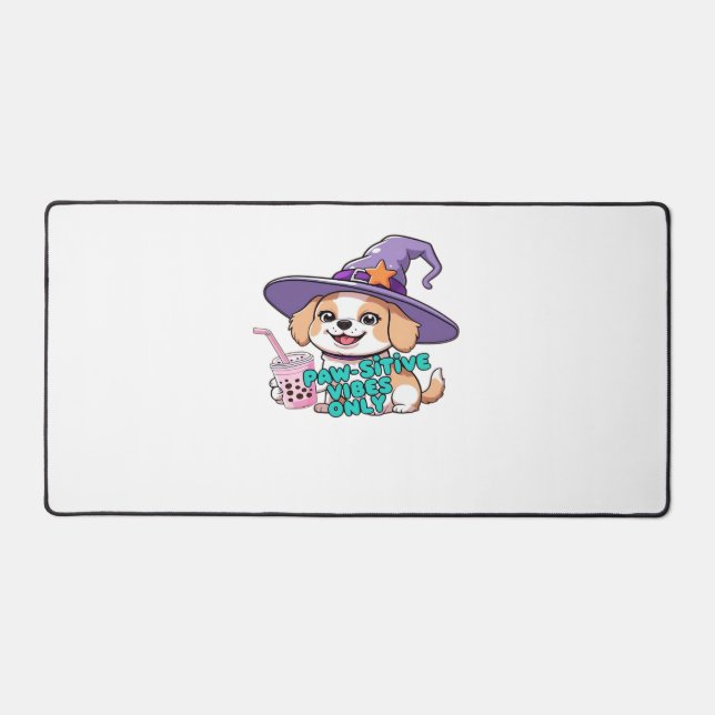 Paw-sitive Vibes Only – Cute Dog With Bubble Tea a Desk Mat (Front)