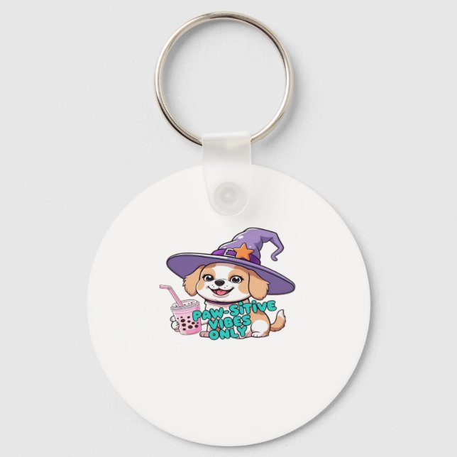 Paw-sitive Vibes Only � Cute Dog With Bubble Tea a Keychain (Front)