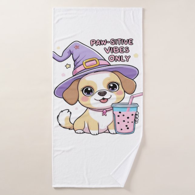 Paw-sitive Vibes Only Cute Dog With Bubble Tea Hal Bath Towel (Bath Towel)