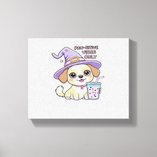 Paw-sitive Vibes Only Cute Dog With Bubble Tea Hal Canvas Print (Front)