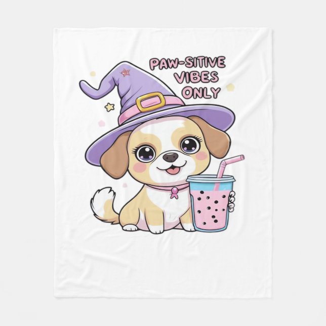 Paw-sitive Vibes Only Cute Dog With Bubble Tea Hal Fleece Blanket (Front)
