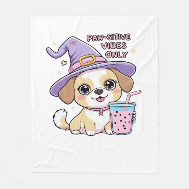 Paw-sitive Vibes Only Cute Dog With Bubble Tea Hal Fleece Blanket (Front)