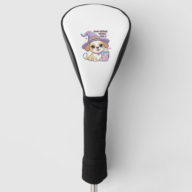 Paw-sitive Vibes Only Cute Dog With Bubble Tea Hal Golf Head Cover (Front)