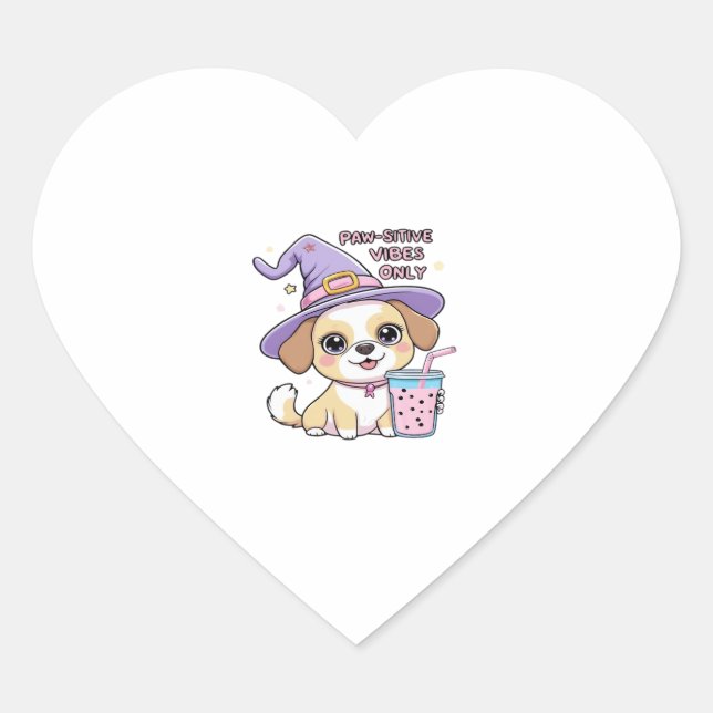 Paw-sitive Vibes Only Cute Dog With Bubble Tea Hal Heart Sticker (Front)