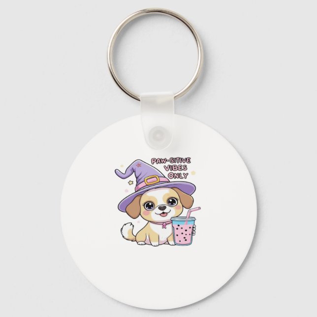 Paw-sitive Vibes Only Cute Dog With Bubble Tea Hal Keychain (Front)