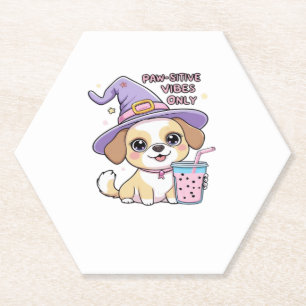 Paw-sitive Vibes Only Cute Dog With Bubble Tea Hal Paper Coaster