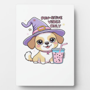 Paw-sitive Vibes Only Cute Dog With Bubble Tea Hal Plaque