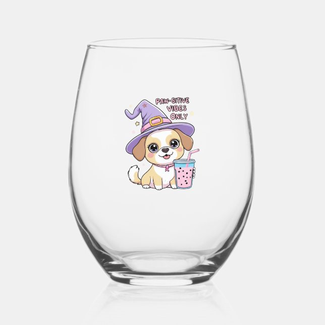Paw-sitive Vibes Only Cute Dog With Bubble Tea Hal Stemless Wine Glass (Front)