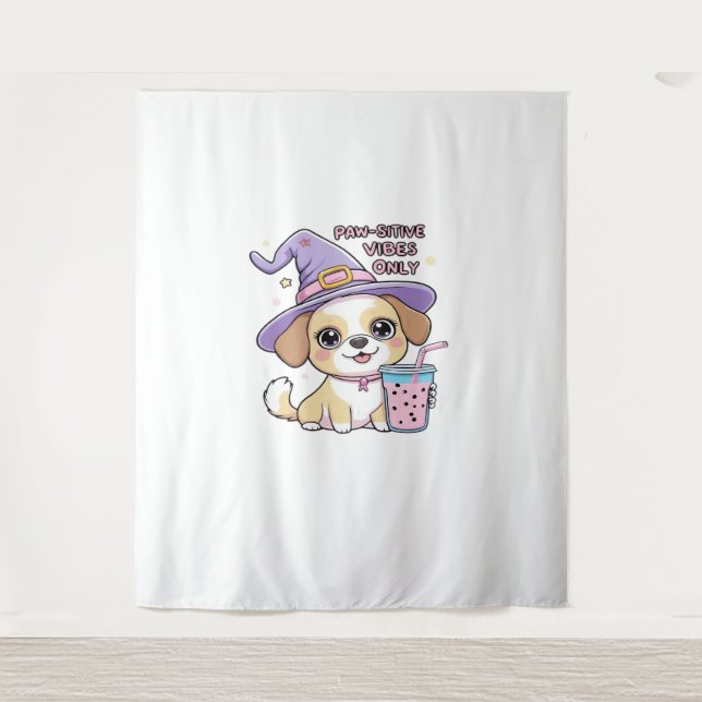 Paw-sitive Vibes Only Cute Dog With Bubble Tea Hal Tapestry (Front)