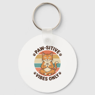 Paw-Sitive Vibes Only Meditating Cat Retro Design_ Keychain