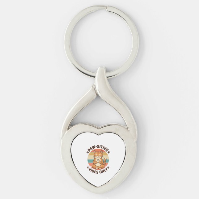 Paw-Sitive Vibes Only Meditating Cat Retro Design_ Keychain (Front)
