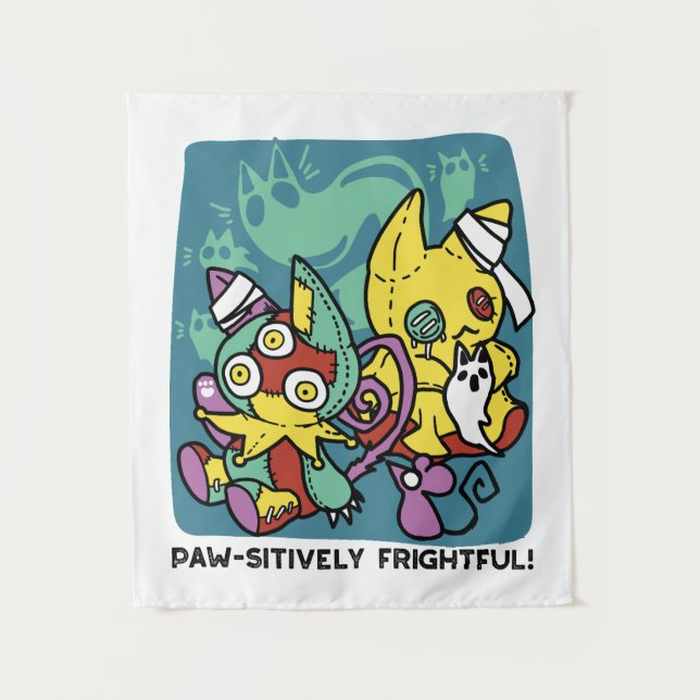 Paw-sitively Frightful | Monstrous Cats Halloween  Tapestry (Front)