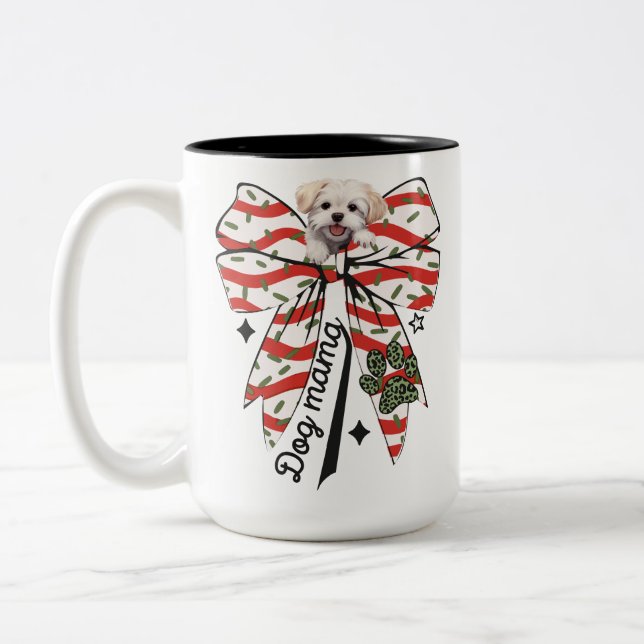 Paw-sitively Merry: Dogs Mama & bow & peeking pup Two-Tone Coffee Mug (Left)