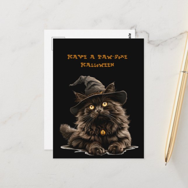 Paw-some Halloween Black Cat Witch Hat  Postcard (Front/Back In Situ)