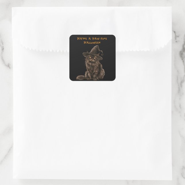 Paw-some Halloween Black Cat Witch Hat  Square Sticker (Bag)