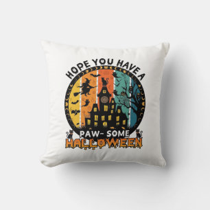 Paw Some Halloween Haunted House Witch Black Cats_ Throw Pillow