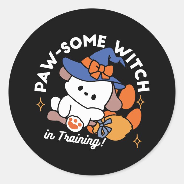 Paw-some Witch in Training – Cute Halloween Dog  Classic Round Sticker (Front)