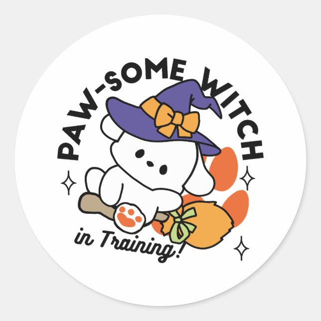 Paw-some Witch in Training – Cute Halloween Dog  Classic Round Sticker (Front)