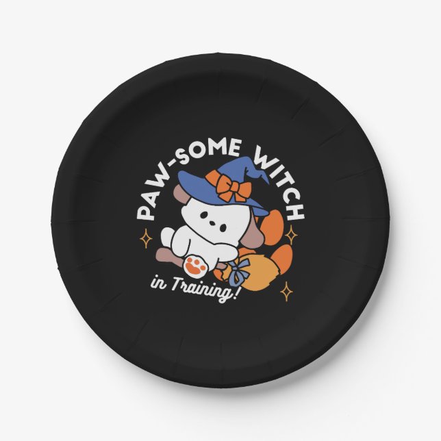 Paw-some Witch in Training – Cute Halloween Dog  Paper Plate (Front)
