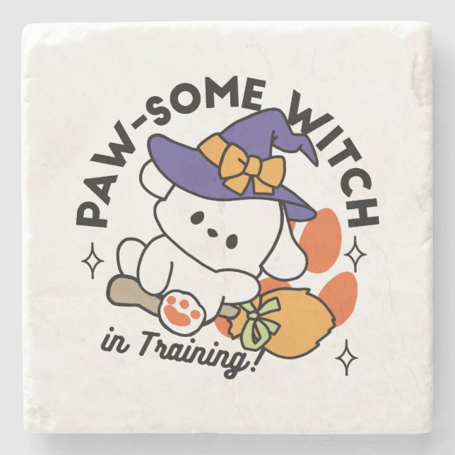 Paw-some Witch in Training – Cute Halloween Dog  Stone Coaster (Front)
