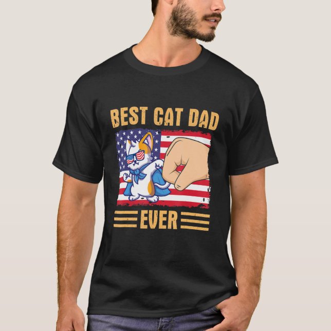 Paw Touching Hand US Flag America Best Cat Dad Eve T-Shirt (Front)