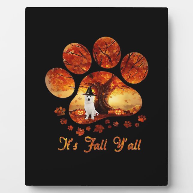 Paw Tree It’s Fall Y’all White Dog Plaque (Front)