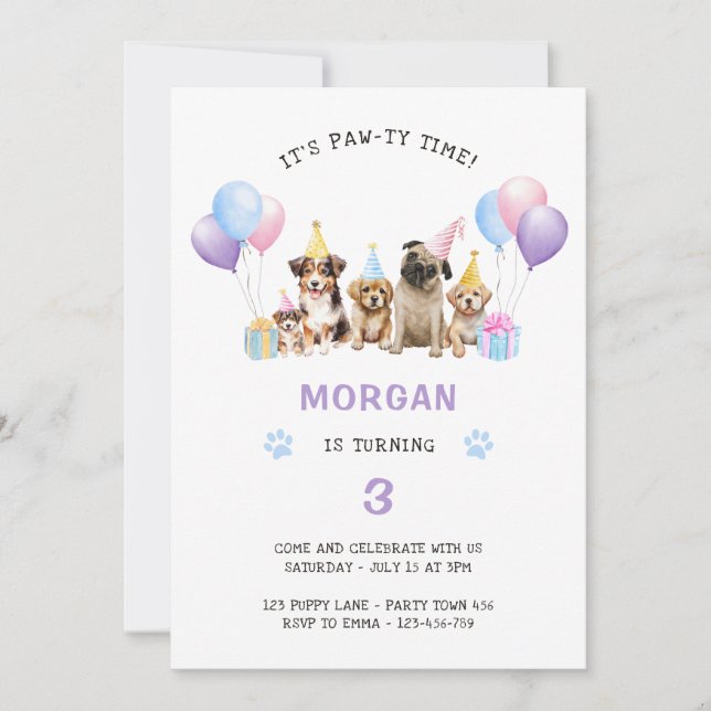 Paw-ty Dog Purple Birthday Invitation (Front)