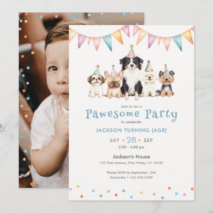Pawesome Party Dogs Custom Age Boys Birthday Photo Invitation