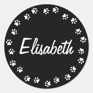 Pawprint border personalized name black and white classic round sticker