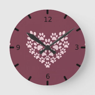Pawprint Heart Round Clock