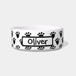 Pawprint Pattern Black White Personalized Pet Bowl