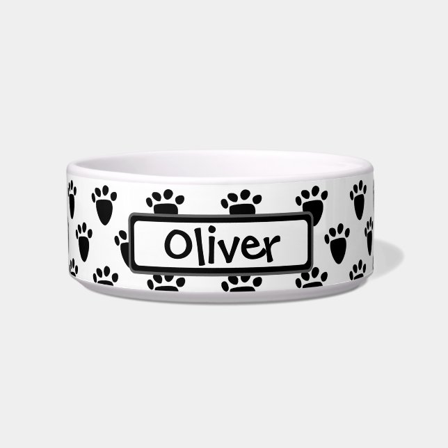 Pawprint Pattern Black White Personalized Pet Bowl (Front)