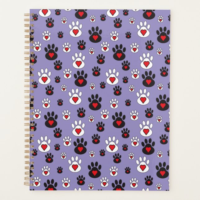 Pawprints with red hearts on blue planner (Front)