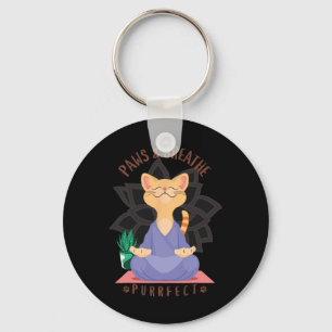 Paws And Breath Purrfect Cute Funny Cat Yoga Medit Keychain