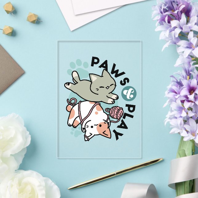 Paws and Play – Adorable Cat Illustration Acrylic Invitations (Insitu (Wedding))