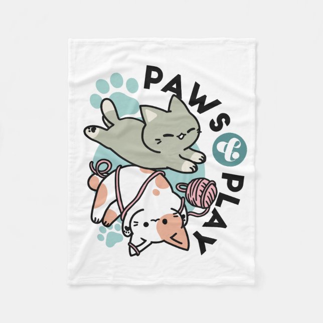 Paws and Play – Adorable Cat Illustration Fleece Blanket (Front)