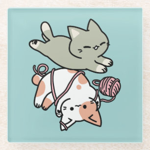 Paws and Play – Adorable Cat Illustration Glass Coaster