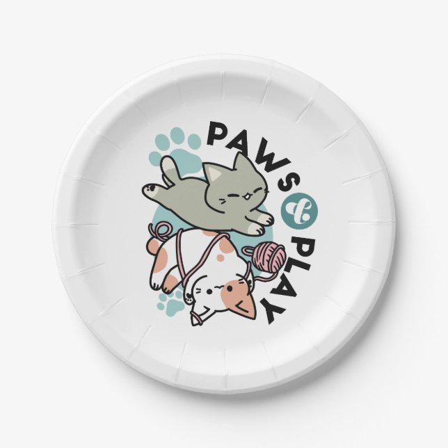 Paws and Play – Adorable Cat Illustration Paper Plate (Front)
