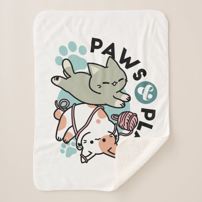 Paws and Play – Adorable Cat Illustration Sherpa Blanket (Front)