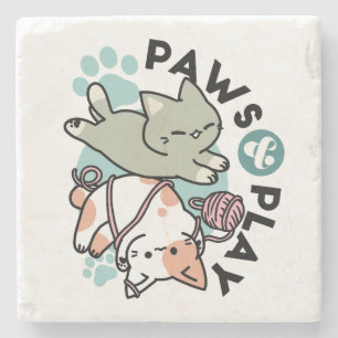Paws and Play – Adorable Cat Illustration Stone Coaster