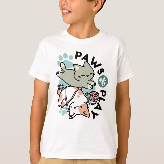 Paws and Play – Adorable Cat Illustration T-Shirt (Front)