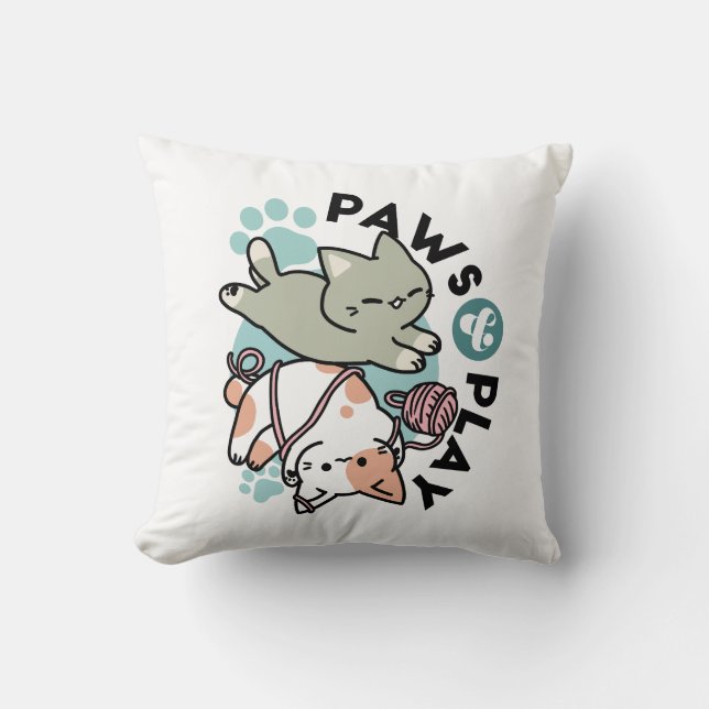 Paws and Play – Adorable Cat Illustration Throw Pillow (Front)