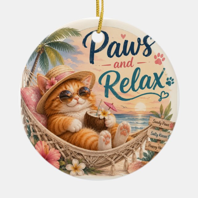 Paws and Relax Beach Cat Ceramic Ornament (Front)