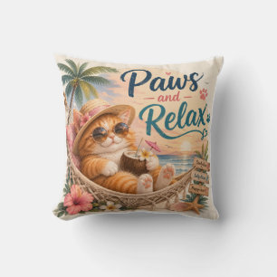 Paws and Relax Beach Cat Throw Pillow