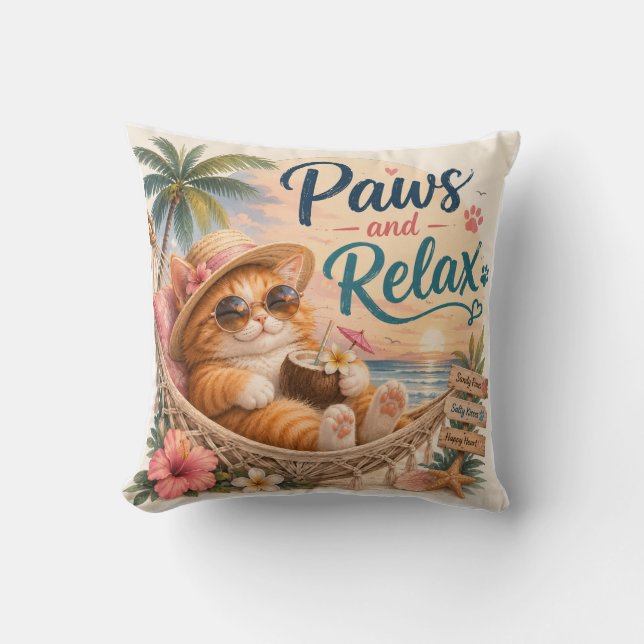 Paws and Relax Beach Cat Throw Pillow (Front)