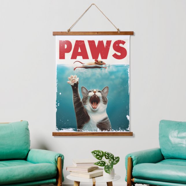 PAWS Cat Mouse Parody Of The Jaws Movie Poster Hanging Tapestry (Living Room)