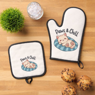 Paws & Chill Cat Nap Illustration Cartoon Oven Mitt & Pot Holder Set